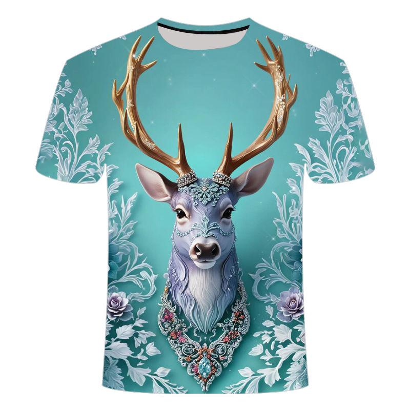 Summer Elk 3D Pattern Short Sleeve T-shirt Loose Summer Trendy Fashion Men's and Women's Round Neck T-shirt