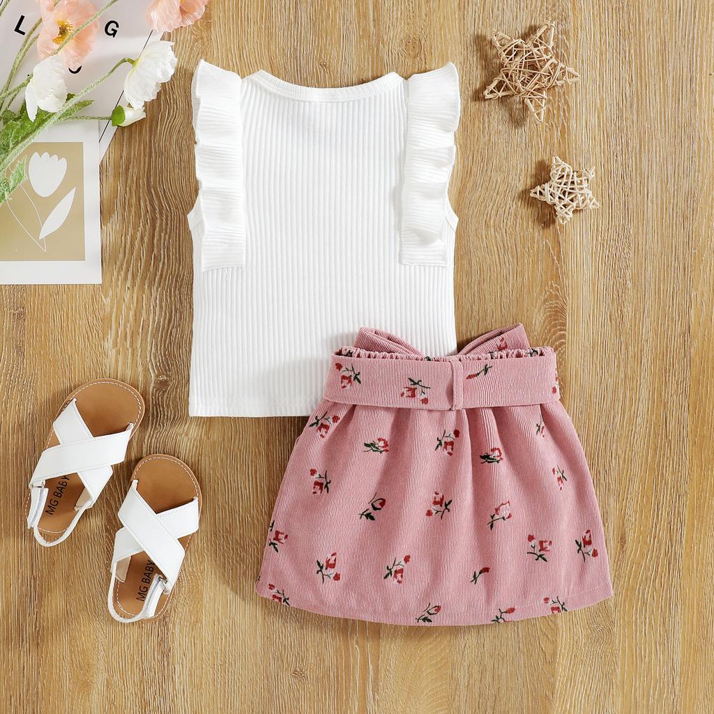 Girls' Fashion Set Children's Flying Sleeve Floral Corduroy Skirt Two-piece Set