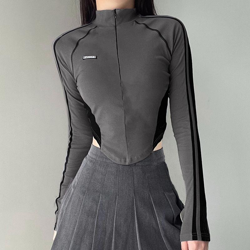 

Женские велосипедные футболки однотонные серые на молнии с длинным рукавом модные женские топы футболки для тренировок L серый