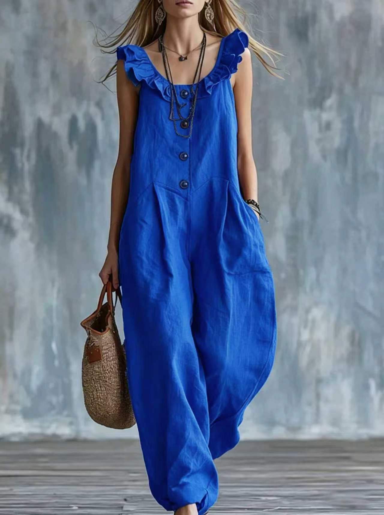 Women s Ruffle Sleeveless Button Front Jumpsuit Casual Loose Wide Leg Summer Romper S синий