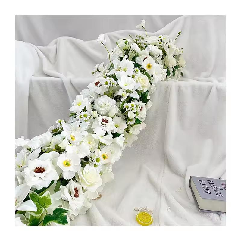 Uflower Atficial White Flower Row Runner Elegant Artificial Center Stage Background for Wedding Party Home Decoration