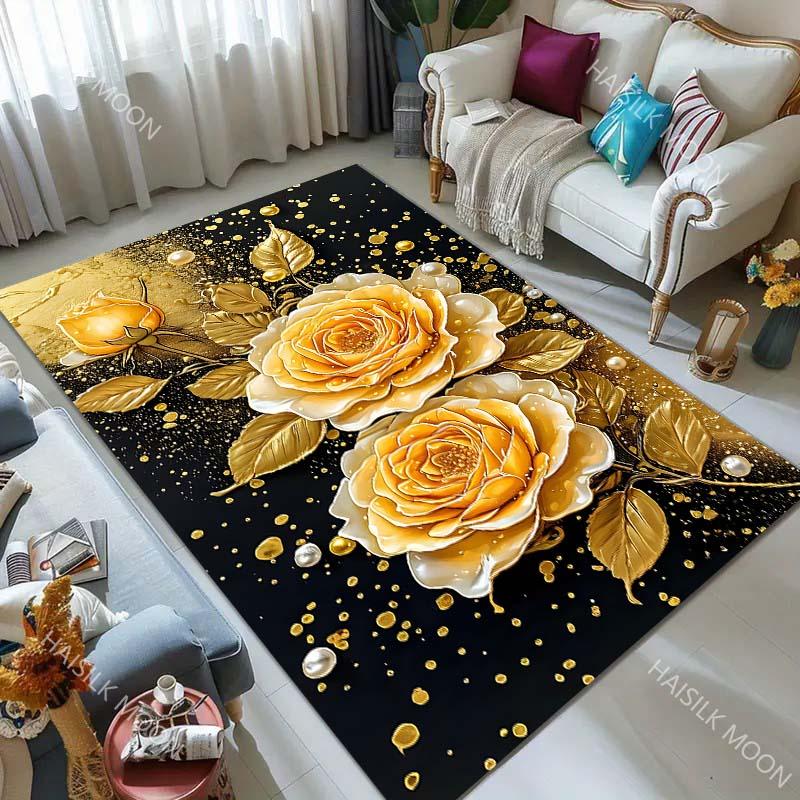 Creative Golden Flowers Pattern Carpet for Living Room Bedroom Bedside Floor Mat Sofa Table Area Rugs Home Decor Large Size