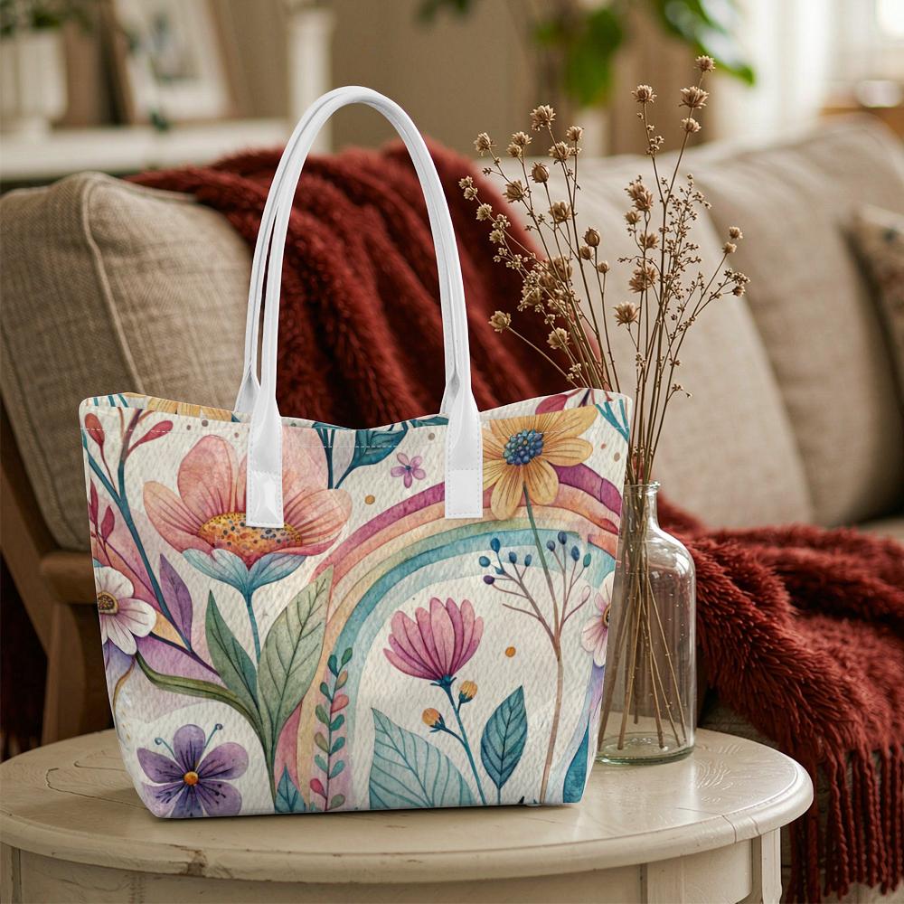 Boho Rainbow Floral Tote Bag Trendy Casual Women's Handbag for Daily Use