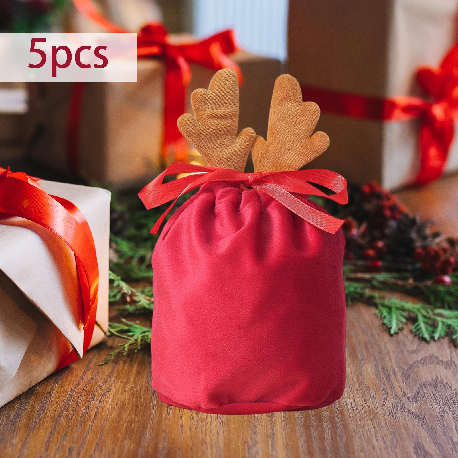 

5 Pieces Christmas Bag Drawstring Gift Festive Santa Sack Holiday Candy Cloth Suitable Brown Antlers L_Red Bag