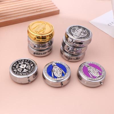 Retro Metal Holy Communion Saint Benedict Rosary Gift Boxes Round Religious Jewelry Packing Case