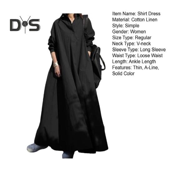 Ženy jaro podzim košile s dlouhým rukávem, výstřihem do V, jednořadé jednořadé, jednobarevné, volné letní šaty, ležérní, dlouhé šaty, streetwear