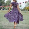 Women's Summer Floral High Waist Bohemian Dress Casual Hawaiian Flowing V Neck Holiday Dress