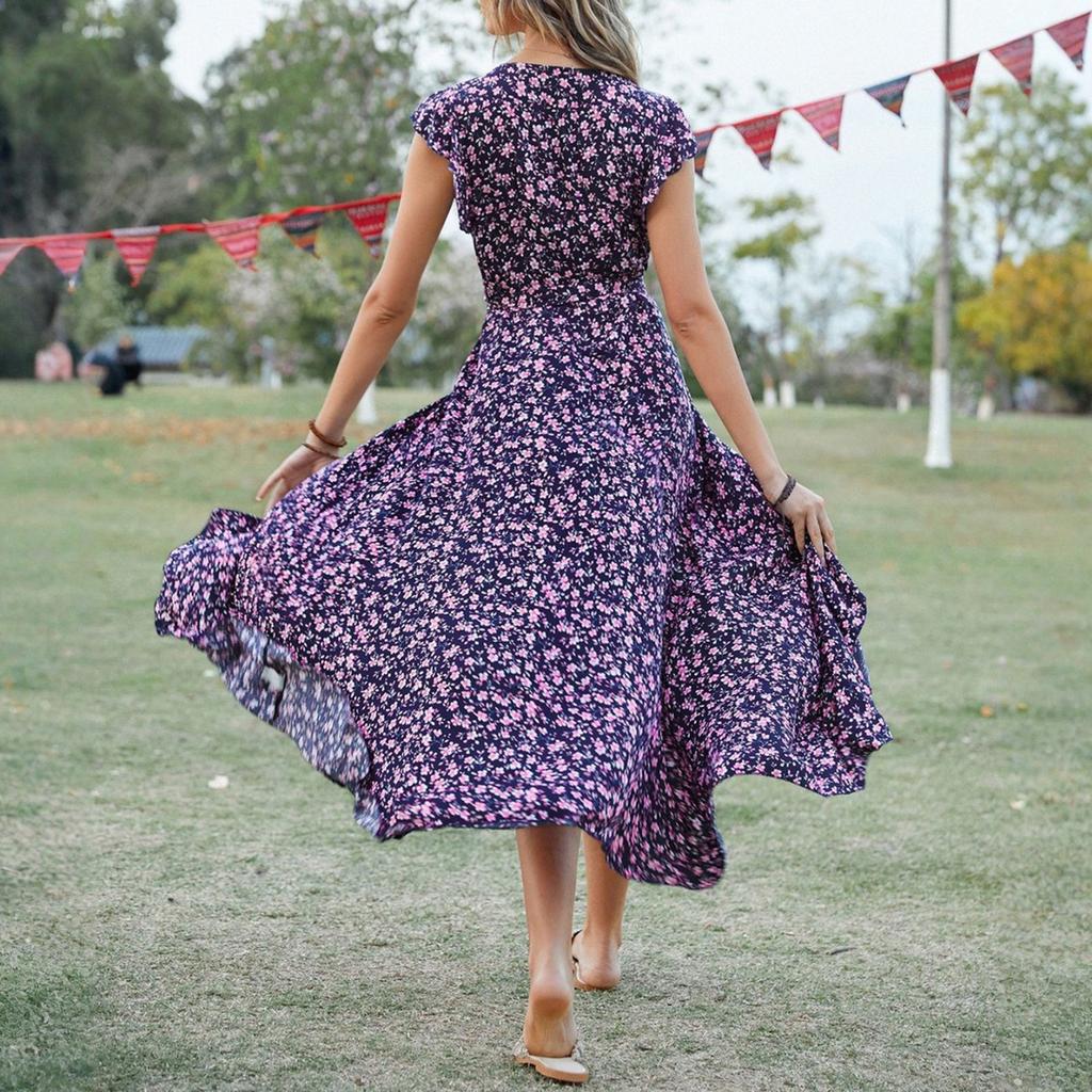 Women's Summer Floral High Waist Bohemian Dress Casual Hawaiian Flowing V Neck Holiday Dress