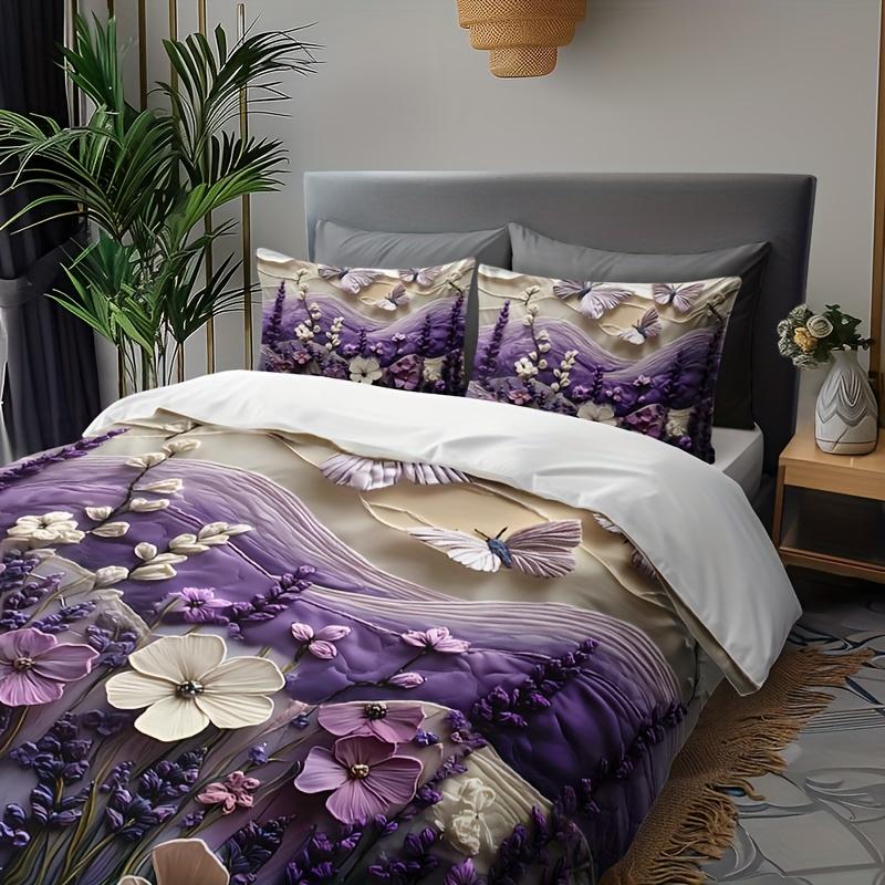 3pcs Purple 3D Floral and Butterfly Lavender Plant Duvet Cover Set - Includes 1 Duvet Cover and 2 Pillowcases
