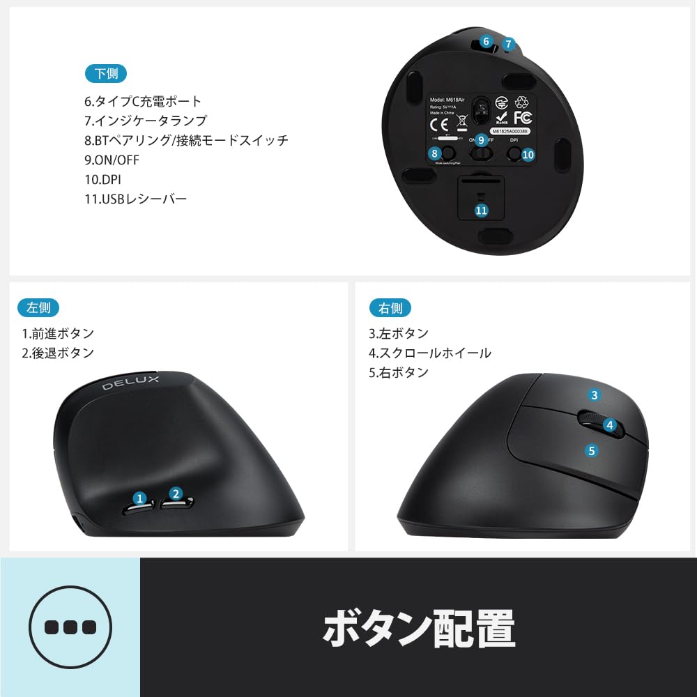 DELUX Ergonomic Wireless Mouse, Small Hand, Lightweight, 84g, Vertical Mouse, 4000 DPI, 2.4GBluetooth 5.2 Dual Mode, Rechargeable, for Carpal Tunnel,