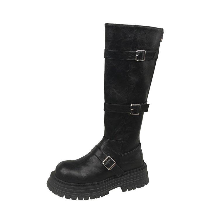 Black Retro British Style Thick Heel Platform Boots Women's 2025 Autumn and Winter New Boots Tall and Thin Knight Boots