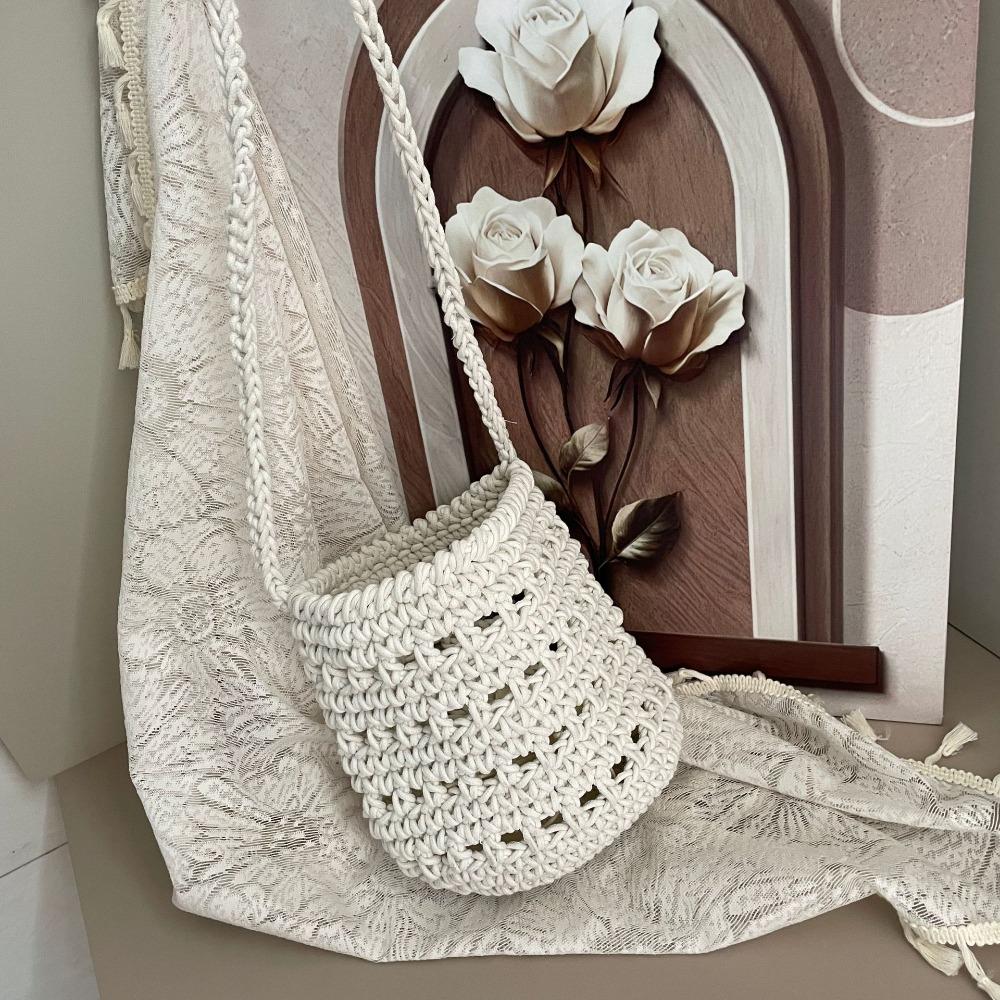 Cute Korean Style Hollow Out Knitted Weave Bag Braided Solid Color Knitted Shoulder Bag Handbag Vacation Style Beach Bag Daily