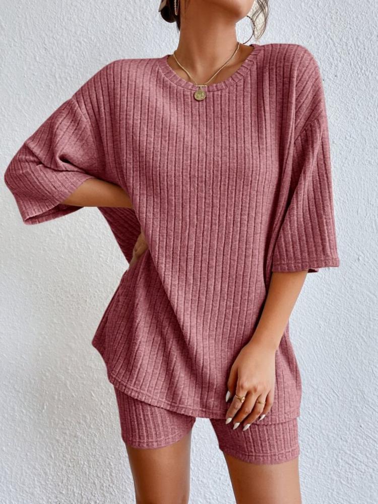 Fashion Casual Solid Color Spring Round Neck Loose Women's Shorts Set