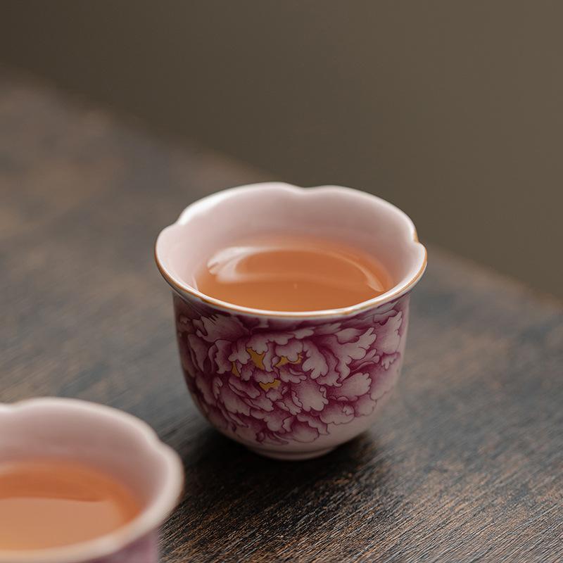 Pink Ru Kiln Peony Flower Mouth Cup, Household Ceramic Tea Cup, Master Cup, Tea Cup, Open Piece Can Be Raised