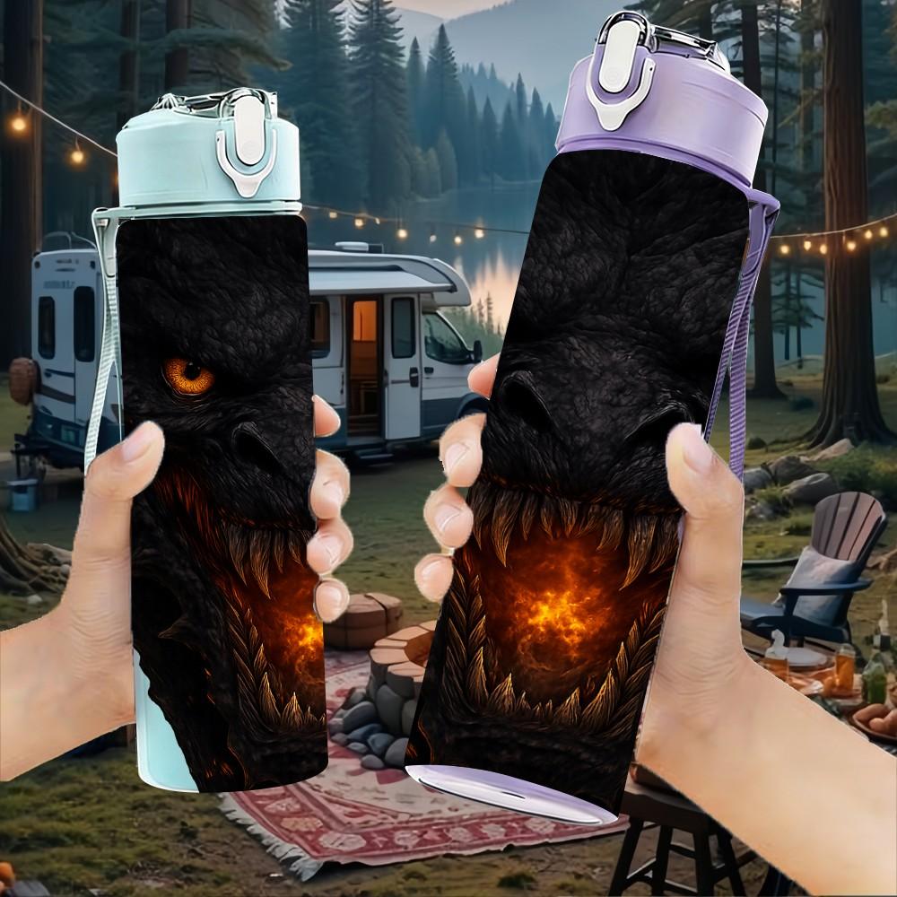 1PC Dark Evil Dragon Head Portrait Print 750ml Color Plastic Sports Water Bottle Leakproof Flip Straw Lid Suitable for Sports Office Home Use