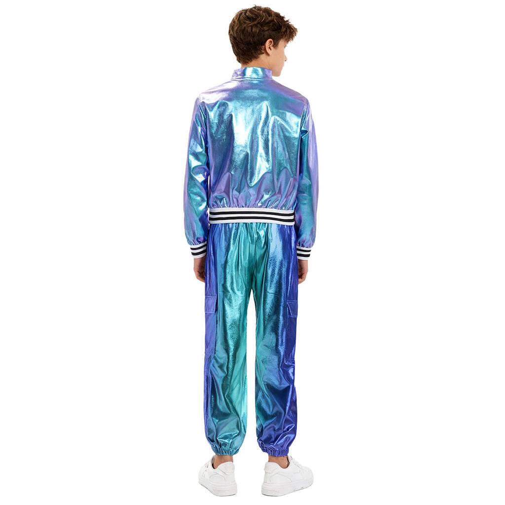 Kids Girls Hip-Hop Jazz Dance Costume Complete Set: Metallic Zipper Jacket & Pants, Stand Collar Long Sleeve Stage Outfit