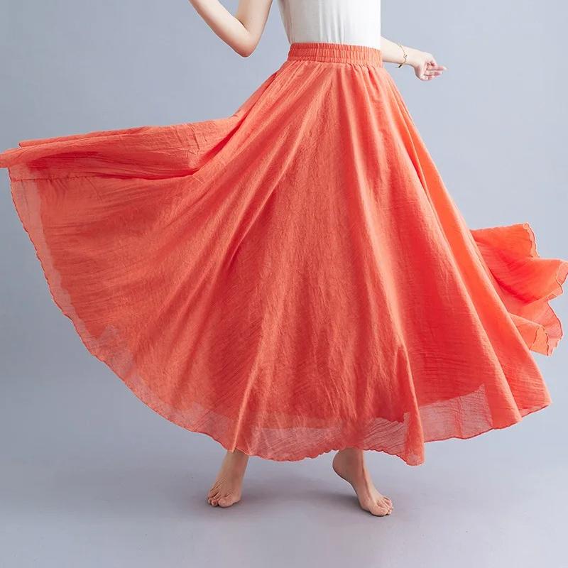 Color Mori Girl Literary Cotton Linen Dress Elastic Waist A-line Expansion Skirt Solid Color Ethnic Style Women Long Skirts