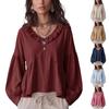 Women's Long Sleeve Deep V-Neck Blouse with Pleated Ruffles and Side Slit Loose Fit Color