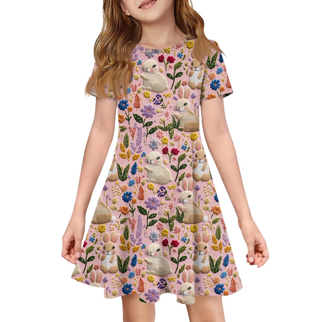 Girl Summer Dress Color & Print Short Sleeve Dress With Pocket Casual Dress Shorts Sleeve Party Dress Easter Day