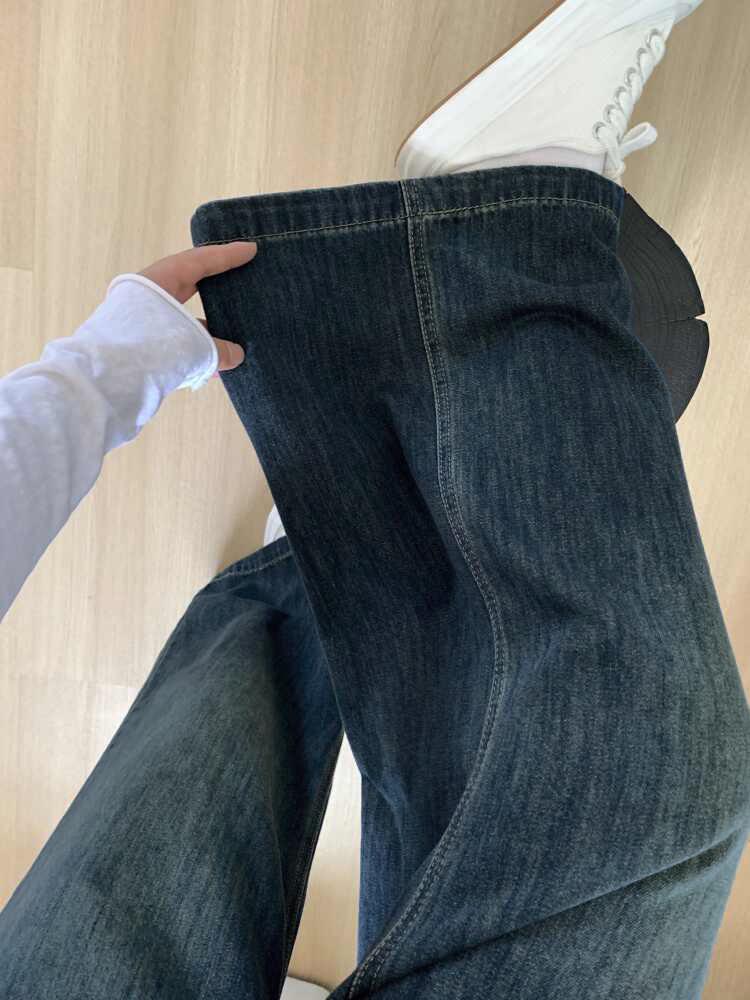 Plus Size Vintage High-Waist Straight Leg Jeans for Women - Autumn/Winter Loose Wide Leg Floor-Length Pants