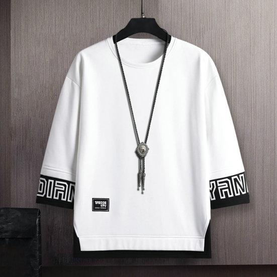 O-Neck 3/4 Sleeve Men Tops Letter Print Elastic Sweat Absorbing Breathable Hip Hop Style Fake Two Pieces T-shirt Streetwear