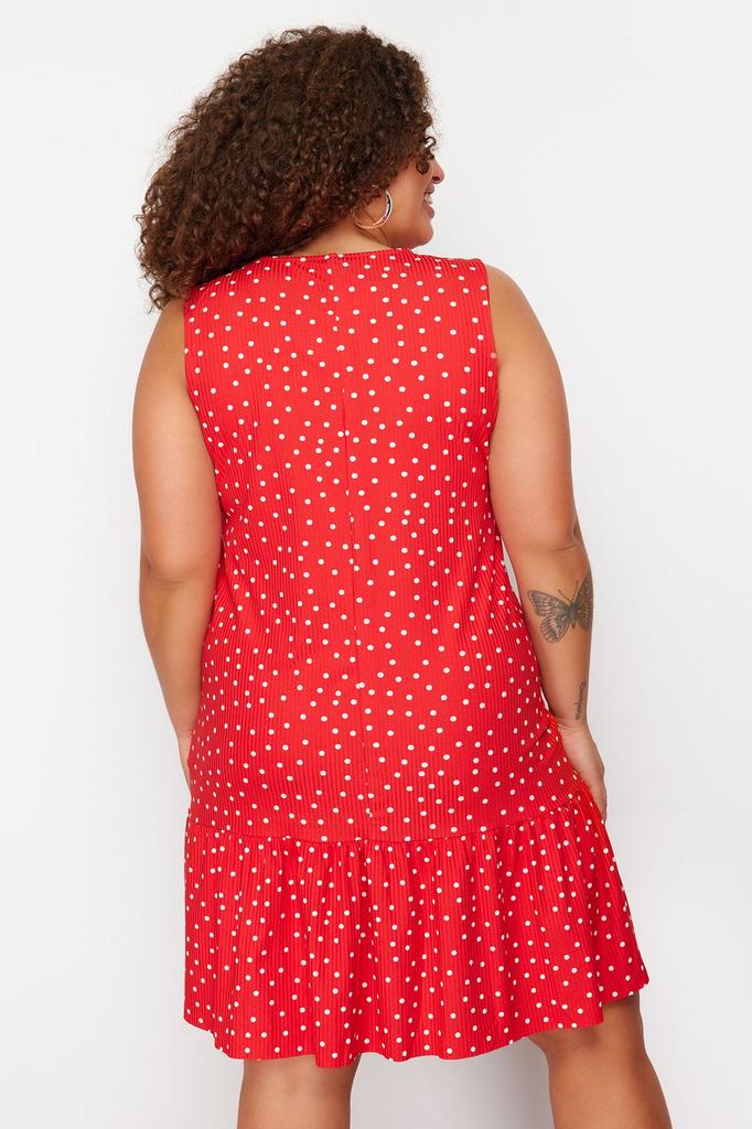 Women's Style Plus Size Red Polka Dot Printed Zero Sleeve Flounced Shift Plain Mini Flexible Knitted Dress