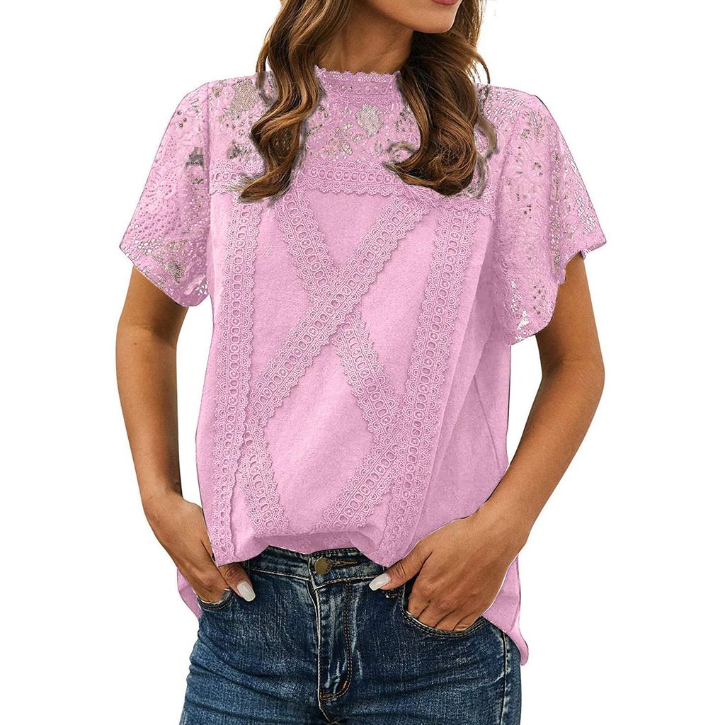 Women's Cute Lace Blouse Top Short Sleeve Lace Hollow Out Turtle Neck T Shirt