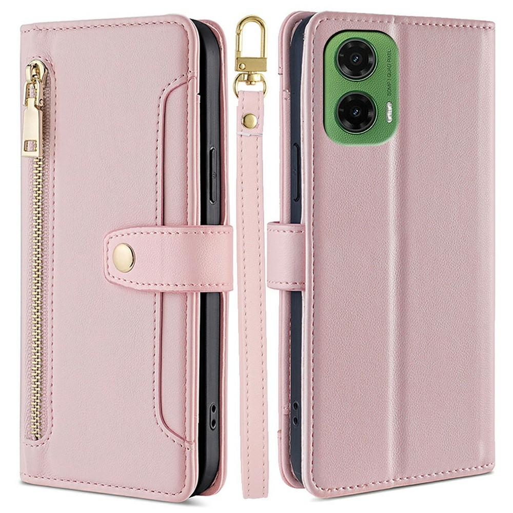 For Motorola Moto G35 5G Leather Case Zipper Pocket Wallet Phone Cover with 2 Straps