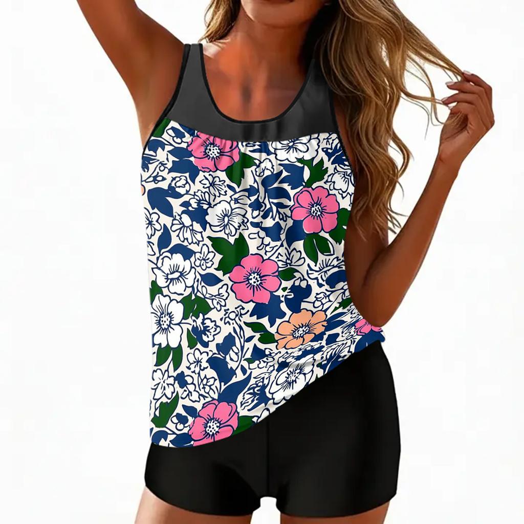 Women's Floral Printed Tankini Top and Shorts Set Sleeveless Loose Fit Swimwear for Beach Pool Vacation
