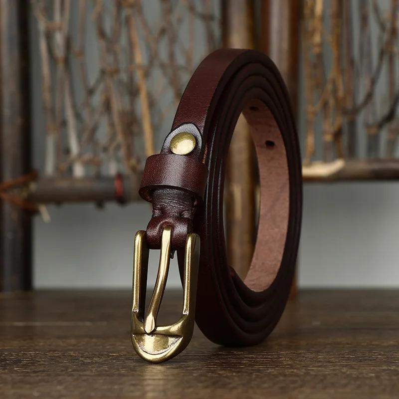 1.5cm Width Women Belts Copper Pin Buckle Rea; Cowskin Genuine Leather Thin Belt Female Waistband for Jeans Dresses Pants
