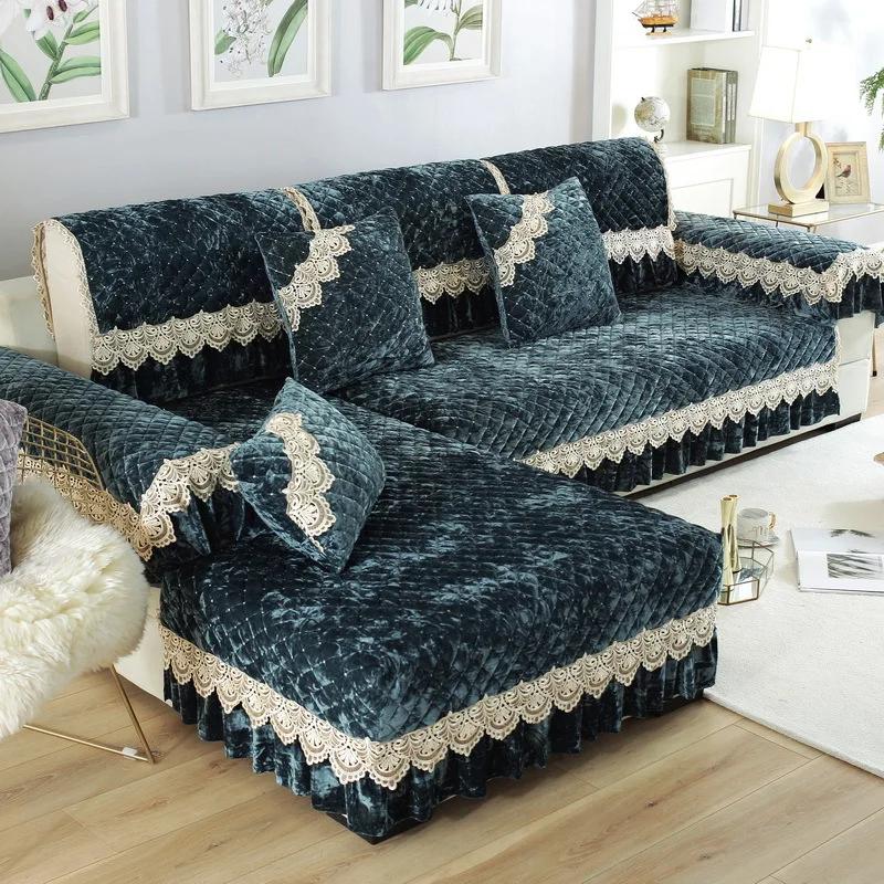 Embroidery Lace Sofa Cushion Gold Velvet Hemline Sofa Cover Autumn Winter European Couch Cover Solid Color Checkered Sofa Mat