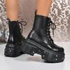 Fashion Chunky Platform Punk Ankle Boots Women Thick Bottom Metal Rivet Combat Booties Woman Autumn Winter Black PU Leather Botas Mujer
