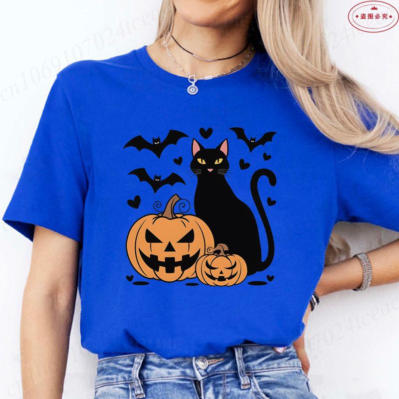 Black Cat Halloween Print Unisexs Summer Tshirt Casual Clothing Oversized Y2k Personality Short Sleeve Tops Spooky Season Tees