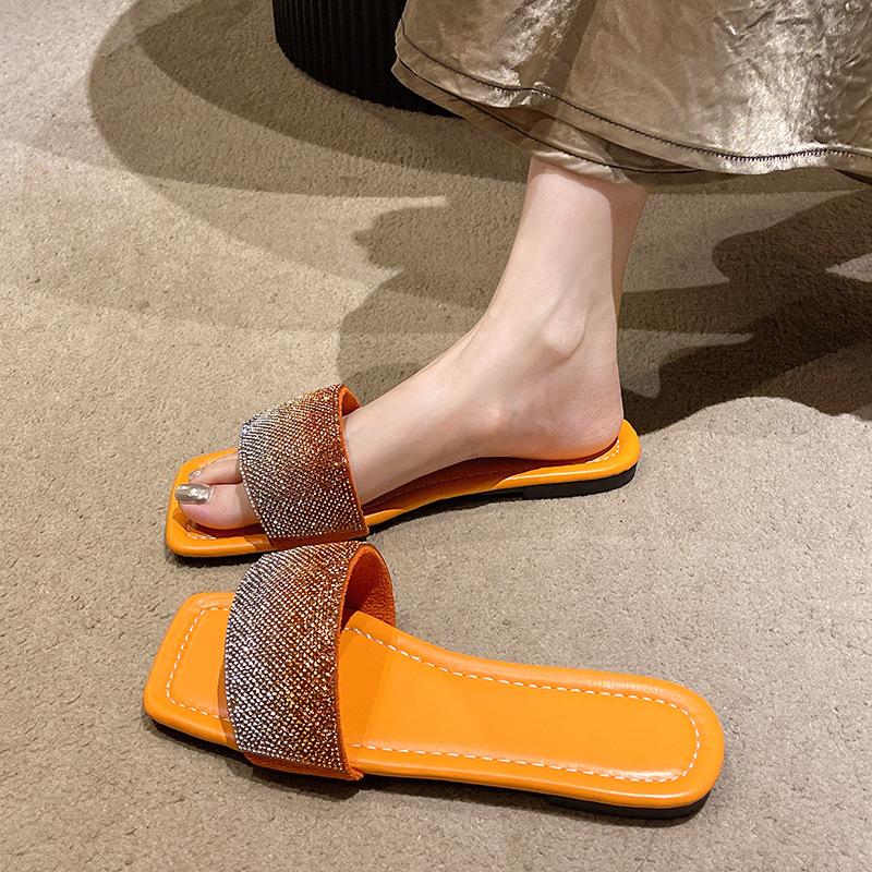 Large-sized Women's Shoes, Fashionable Rhinestone Gradient Flip-flops,2025 New Square-toed Flat Sandals,Comfortable Flat Sandals