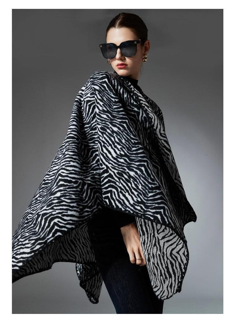 Plus Size Zebra Print Shawl: European/American Autumn/Winter Women's Mid-Length Jacket