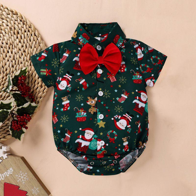 

Christmas Baby Romper with a Handsome Bow Tie, Short-Sleeved Jumpsuit Baby Christmas Clothes Green 70cm