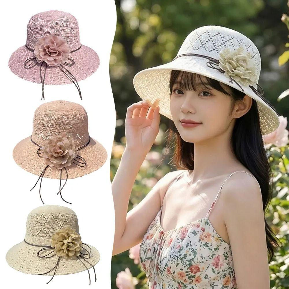 Flowers Decoration Beach Hat Foldable Design Bucket Hat Casual Straw Hat  Sun Protection