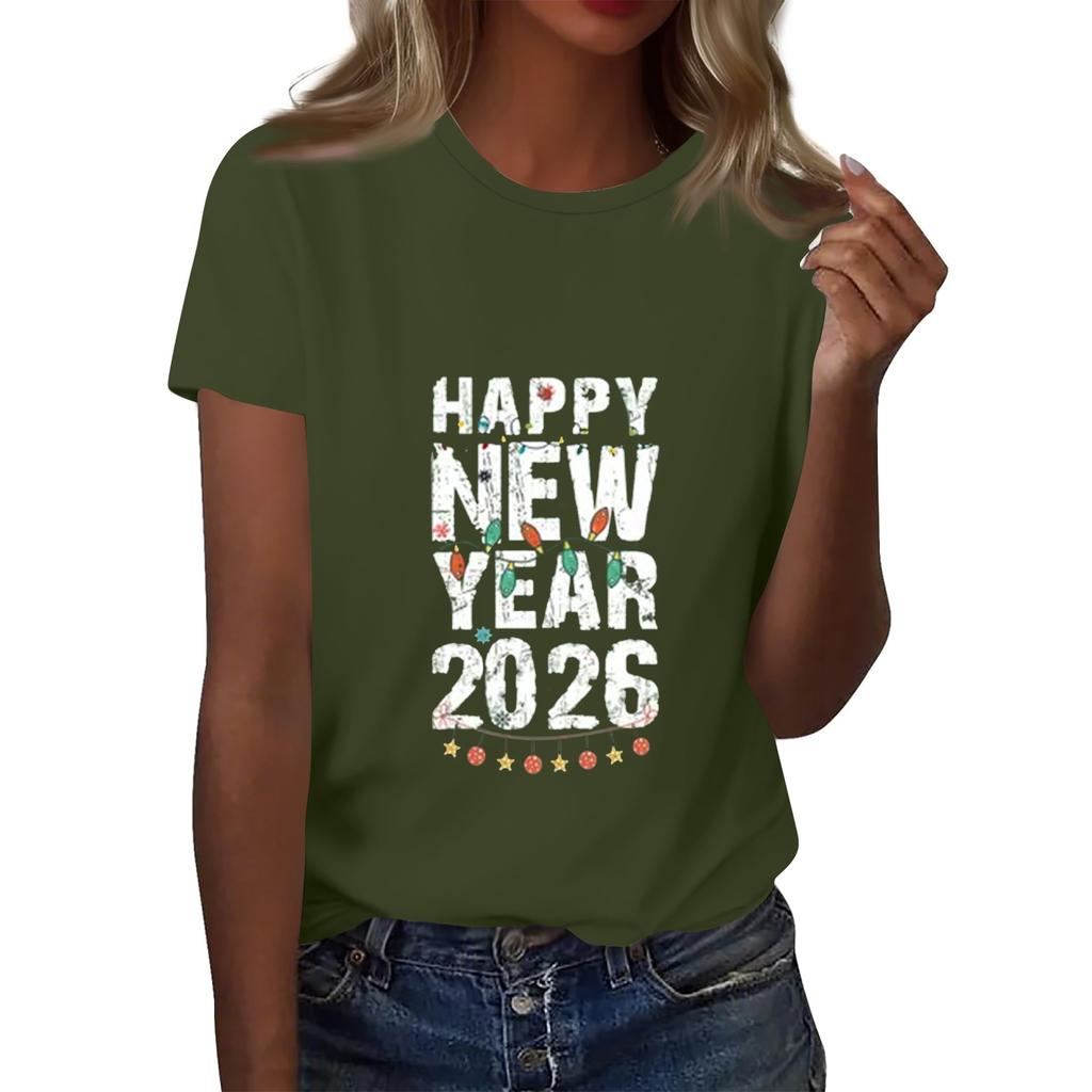 Women's Fashion 2026 New Year Printed Round Neck Short Sleeve Top