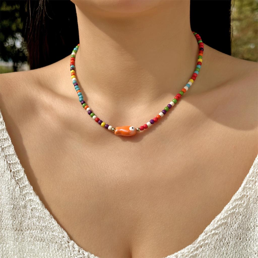 Gmai Ceramic Fish Pendant Necklace for Women Multicolor Rice Beads with Turquoise Accents Delicate Fish Jewelry for Everyday Vacation