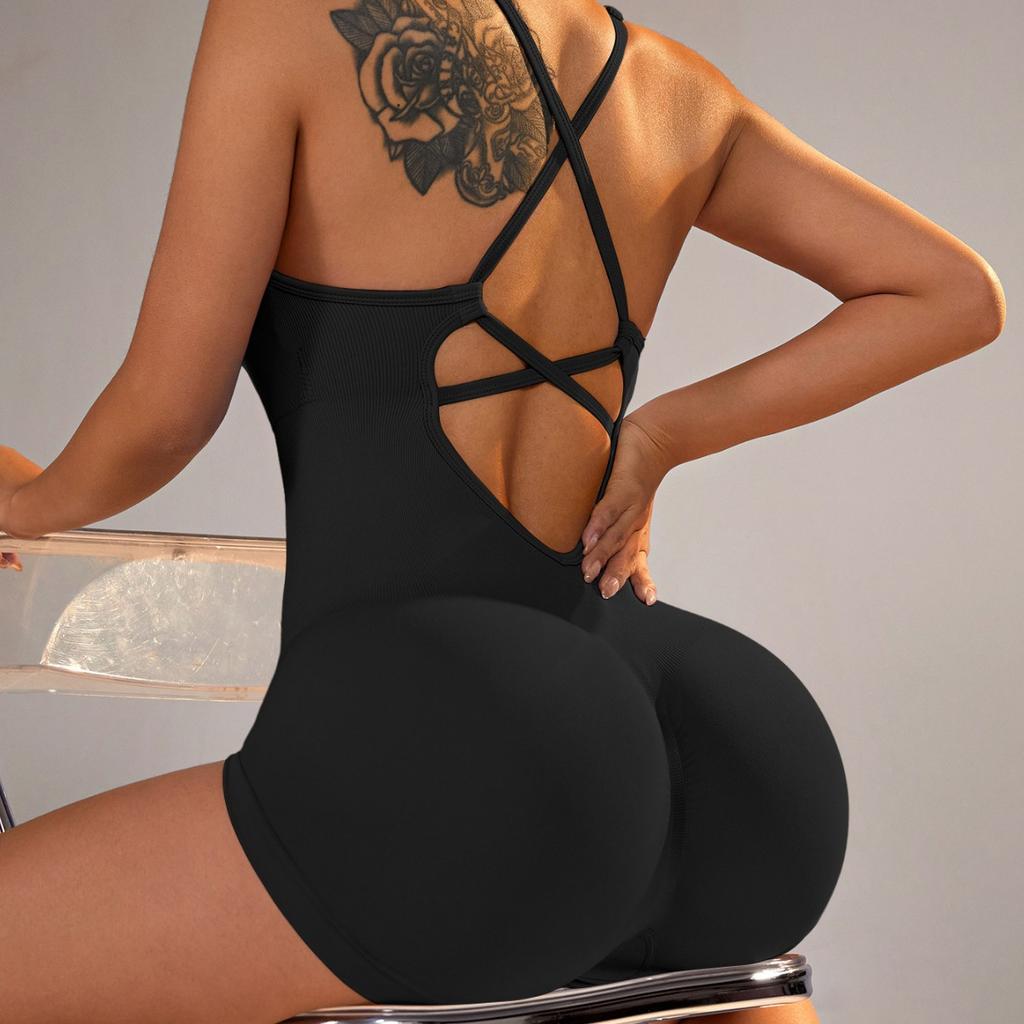 European And American Seamless Sexy Cross Back Short Gathering One-Piece Yoga Suit Women'S Jumpsuit