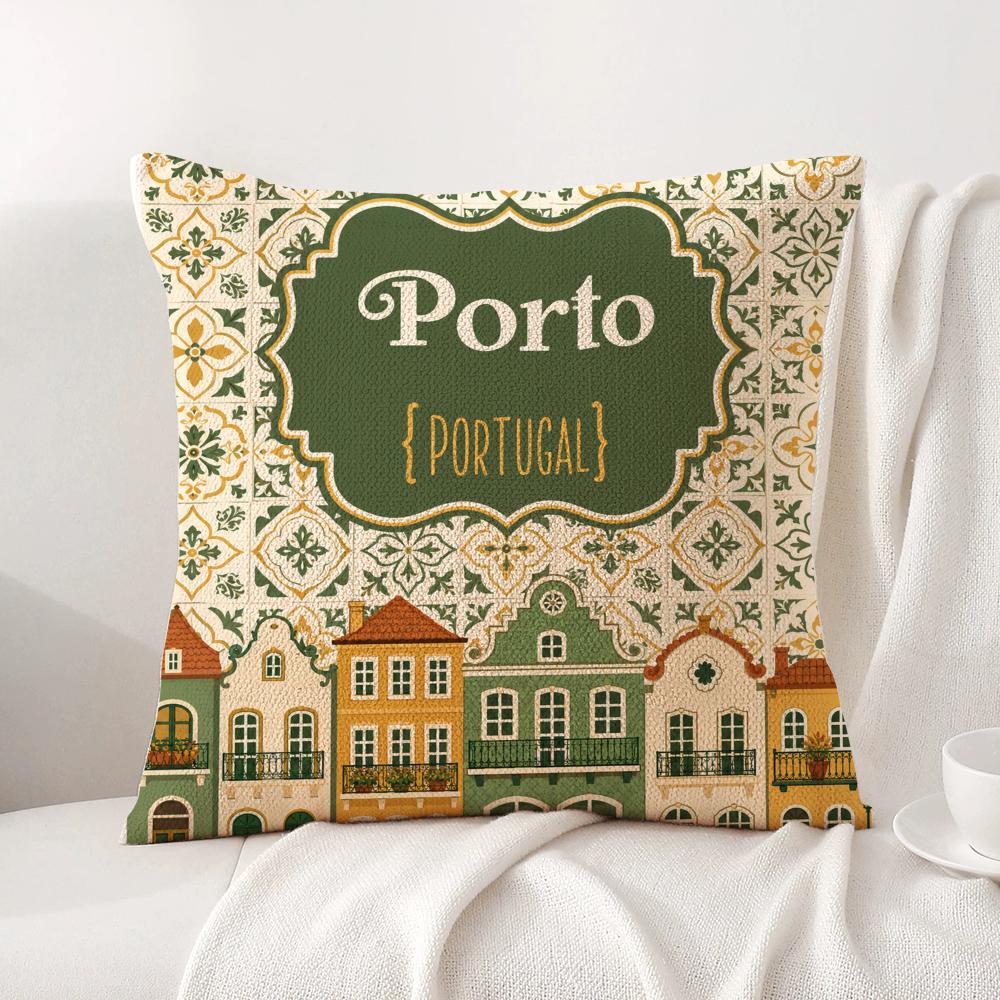 Lisbon Tiles Cushion Cover Linen Organic Fabric DoubleSided Printing Sofa Breathable Home Decor Gift Pillow Case