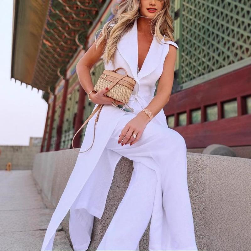 2025 Summer European & American Linen Lapel Sleeveless White Suit Set with Long Pants