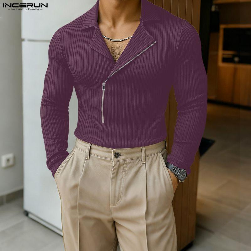 INCERUN Autumn Spring Men Zip-up Neck Long Sleeve Casual Rib Pullovers Tops