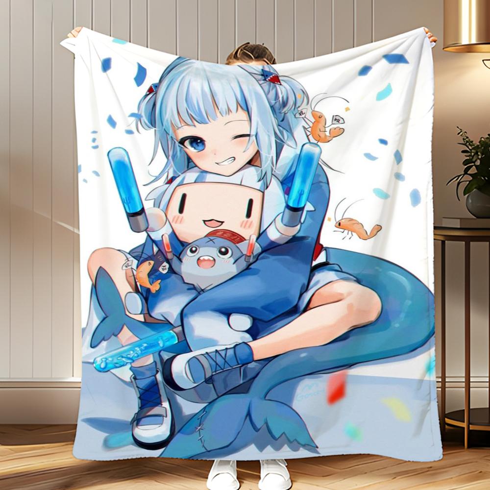 vtuber Gawr Gura Throw Soft Coral Fleece Blanket 310gsm Fluffy Warm Throw for Sofa Bed Couch Bedroom Decor