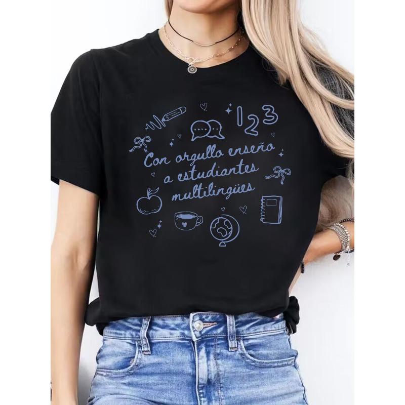 Women's Spanish T-Shirt Spanish Letter Print Women's Casual Round Neck Short Sleeve Sports T-Shirt - Spring Summer Top