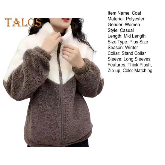 Wintermantel für Damen, Stehkragen, Reißverschluss, Farbblock, Übergröße, dicker Plüsch, extra warm, lange Ärmel, Taschen, Strickjacke, Outdoorjacke