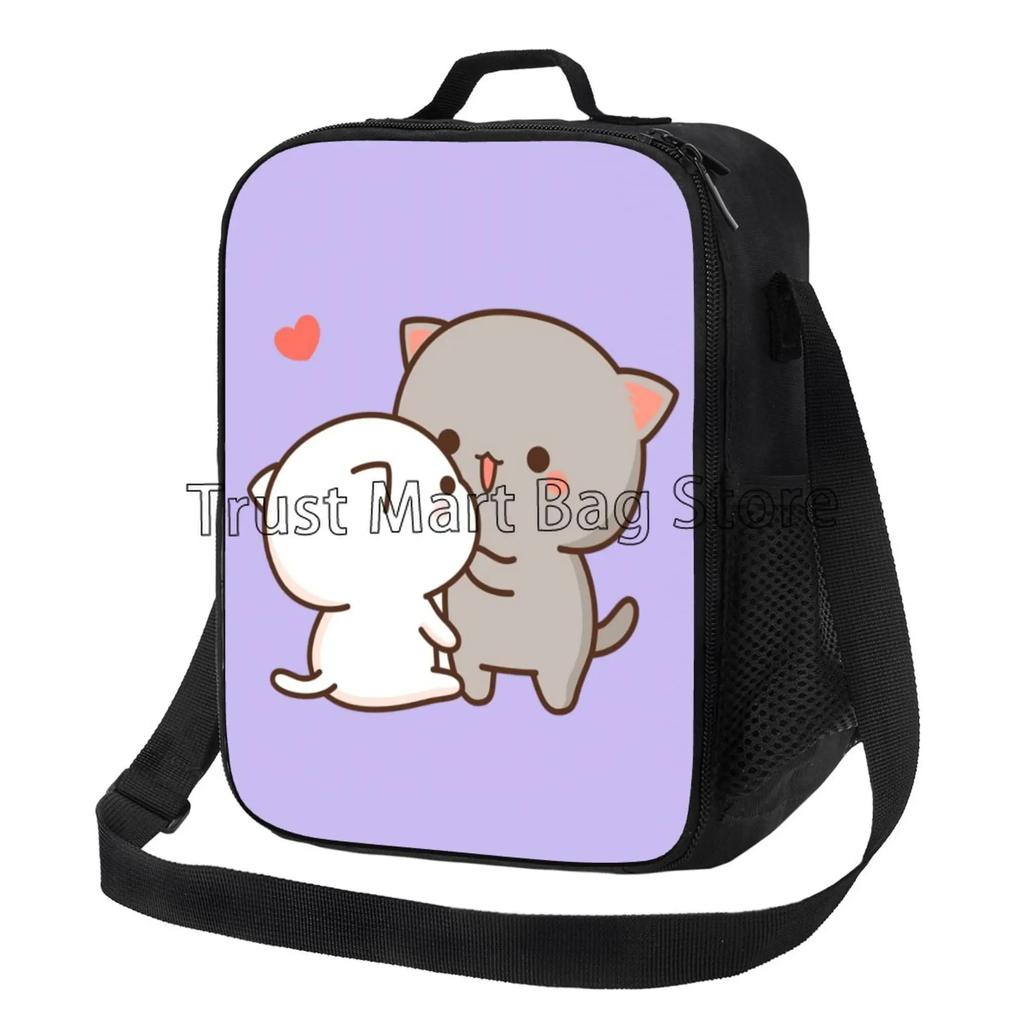 Cartoon Peach and Goma Mochi Cat Insulated Lunch Bag Resuable Leakproof Cooler Thermal Bento Bag with Adjustable Shoulder Strap