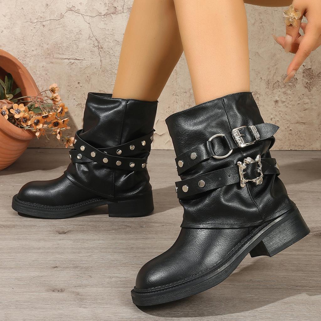European and American punk style thick-soled thick-heeled trouser boots women's new retro short boots rivet knight fashion boots