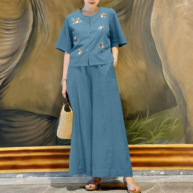 

ZANZEA Women Short Sleeve Embroidery Blouse and Pants Summer Two Piece Suit Sets S синій