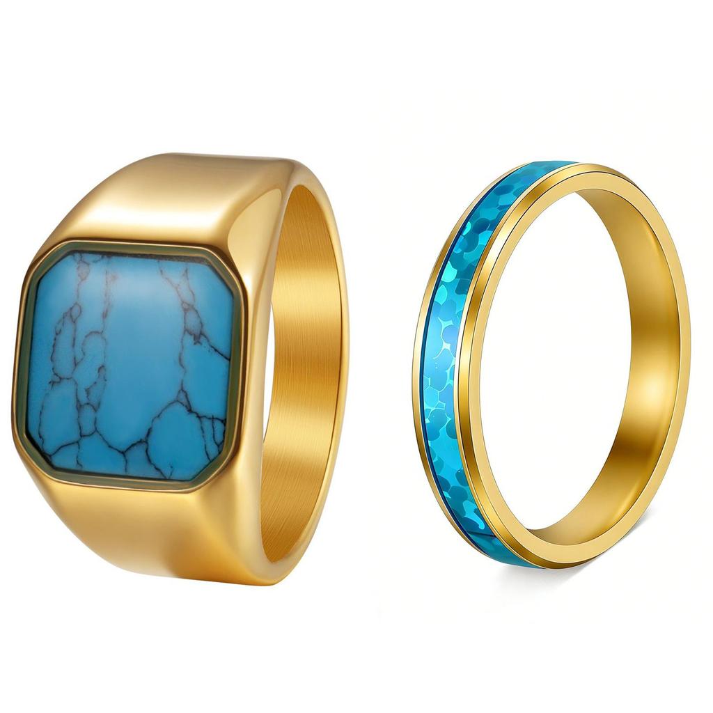 Cross-Border Stainless Steel Couple Wedding Rings with Turquoise, Opal & Seal Designs